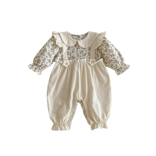 Spring Baby Flowers Print Color Patchwork Long Sleeves Romper For Girls, MyKids-USA®, Baby One-Pieces, MyKids-USA - Size/Age - 66 (3-6M) - Color - Beige -  -  - TR2403042322-A.