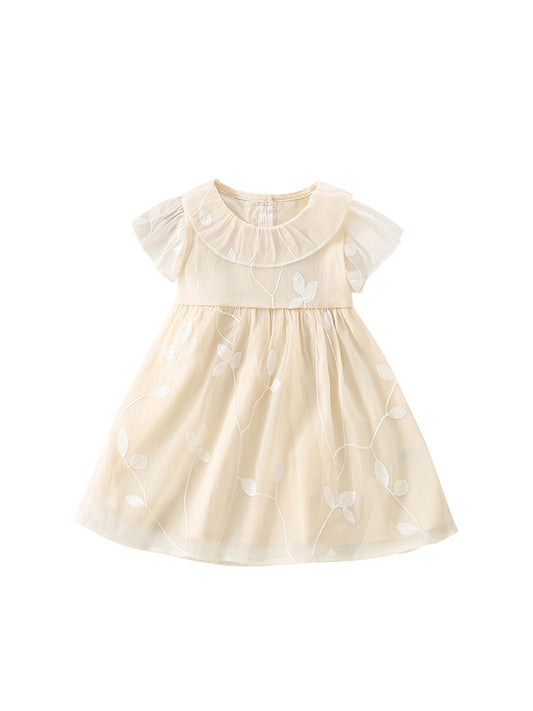 Summer Arrival Girls’ Leaves And Vine Pattern Embroidery Short Sleeves Round Collar Dress, MyKids-USA®, Baby & Toddler Dresses, MyKids-USA - Size/Age - 90 (12-24M) - Color - Beige -  -  - TR2405302352-A