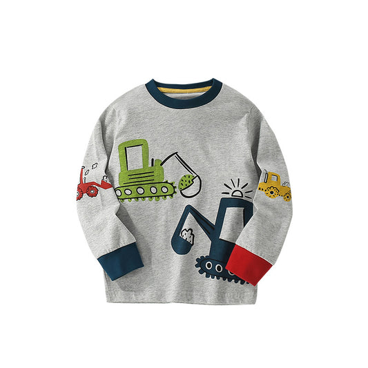 Autumn and Spring Arrival Excavators Cartoon Pattern Long Sleeves Top for Stylish Boys, MyKids-USA®, Shirts, MyKids-USA - Size/AGe - 120 (5-7Y) - Color - Grey -  -  - TR2509152216-A