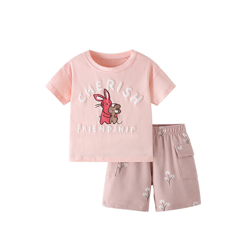 Summer Baby Kids Cartoon and Letters Pattern T-shirt and Floral Shorts Clothing Set for Girls, MyKids-USA®, Baby & Toddler Outfits, MyKids-USA - Size/Age - 100 (2-3Y) - Color - Pink -  -  - TR2505052319-A