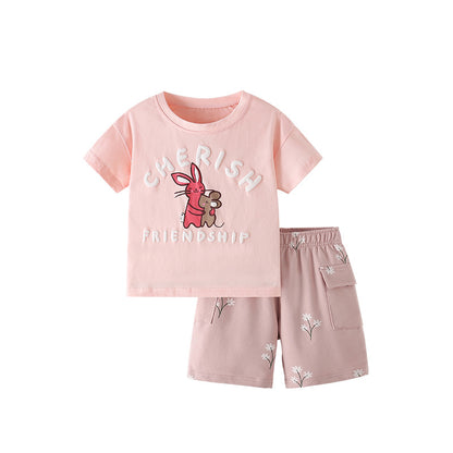 Summer Baby Kids Cartoon and Letters Pattern T-shirt and Floral Shorts Clothing Set for Girls, MyKids-USA®, Baby & Toddler Outfits, MyKids-USA - Size/Age - 100 (2-3Y) - Color - Pink -  -  - TR2505052319-A