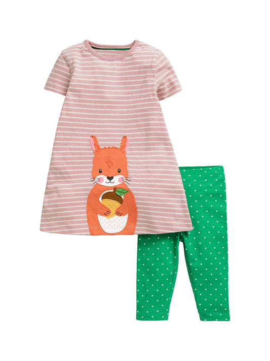 Summer Baby Kids Girls Squirrel Pattern Striped Dress And White Dots Pants Clothing Set