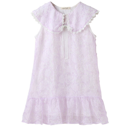 New Design Summer Kids Girls French Style Purple Fashion Lace Trim Collar Dress