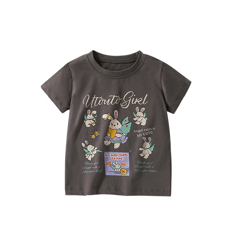 Summer Arrival Girls’ Rabbits Cartoon and Letters Pattern Short Sleeves T-shirt in European and American Style, MyKids-USA®, T-Shirts, MyKids-USA - Size/Age - 120 (5-7Y) - Color - Grey -  -  - TR2506242230-A