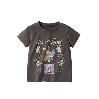 Summer Arrival Girls’ Rabbits Cartoon and Letters Pattern Short Sleeves T-shirt in European and American Style, MyKids-USA®, T-Shirts, MyKids-USA - Size/Age - 120 (5-7Y) - Color - Grey -  -  - TR2506242230-A