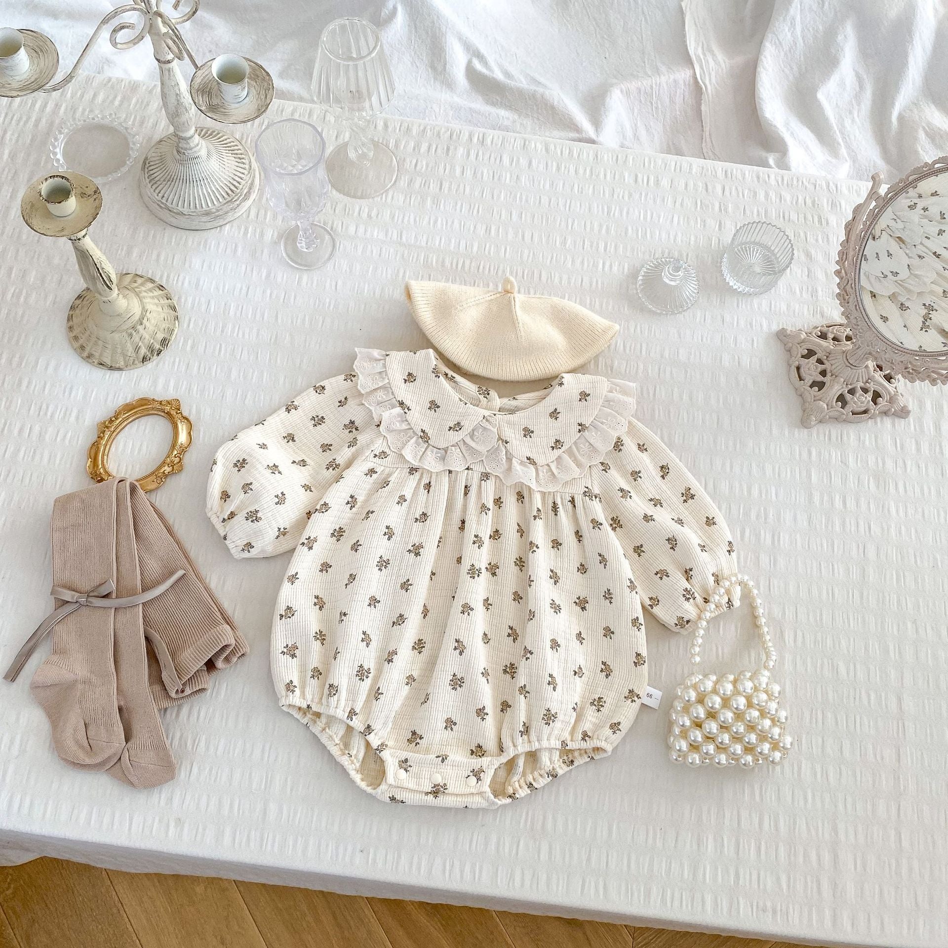 Spring Arrival Baby Girls Long Sleeves Lace Trim Turn-down Collar Onesies Bodysuits, MyKids-USA®, Baby One-Pieces, MyKids-USA - Size/Age - 66 (3-6M) - Color - Beige -  -  - TR2501112231