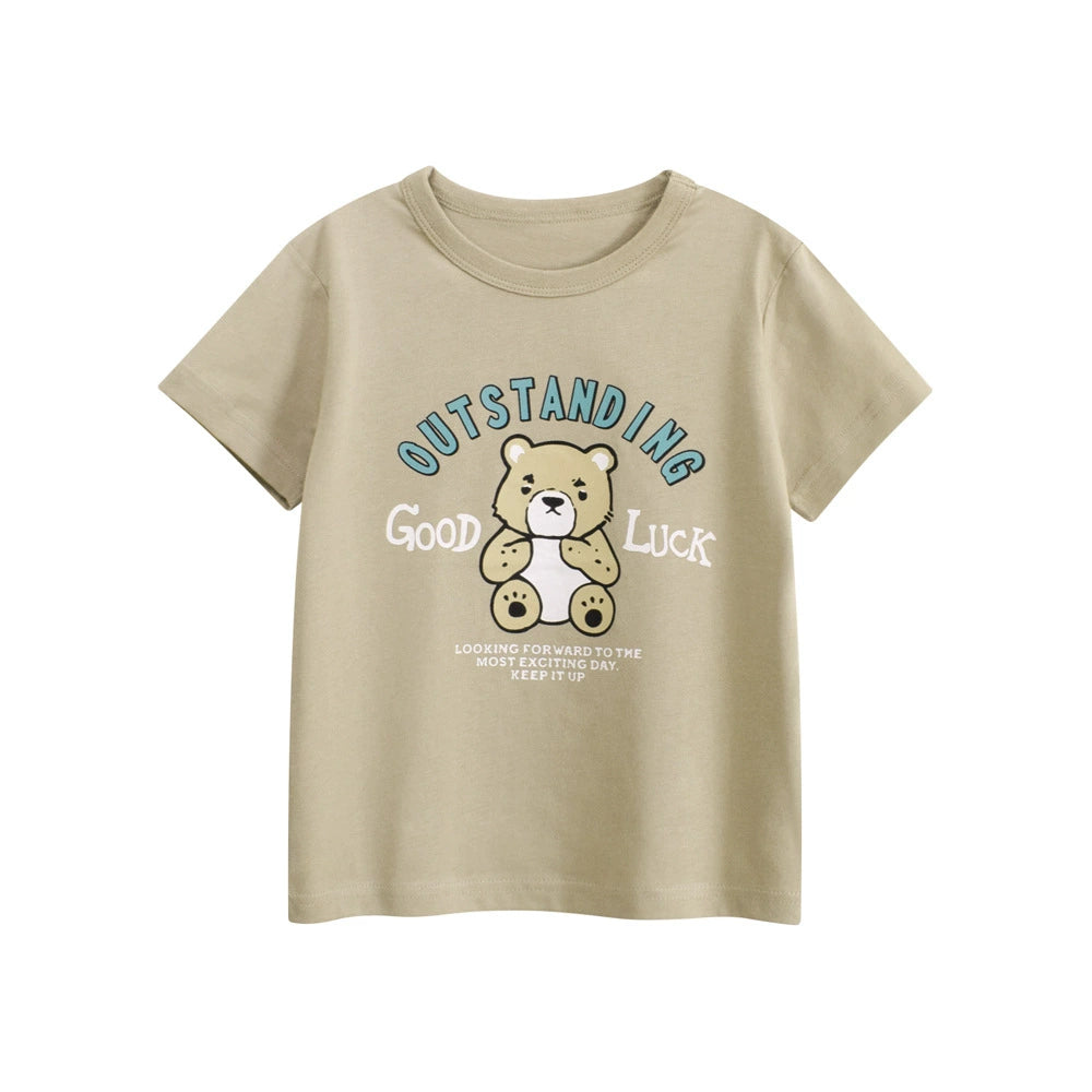 Summer Boys’ Teddy Bear Cartoon and Letters Pattern T-shirt in European and American Style, MyKids-USA®, Baby & Toddler Tops, MyKids-USA - Size/Age - 90 (12-24M) - Color - Khaki -  -  - TR2506191708-A