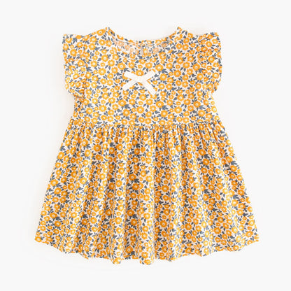 Summer New Arrival Baby Girls Casual Floral Print Fly Sleeves Crew Neck Dress
