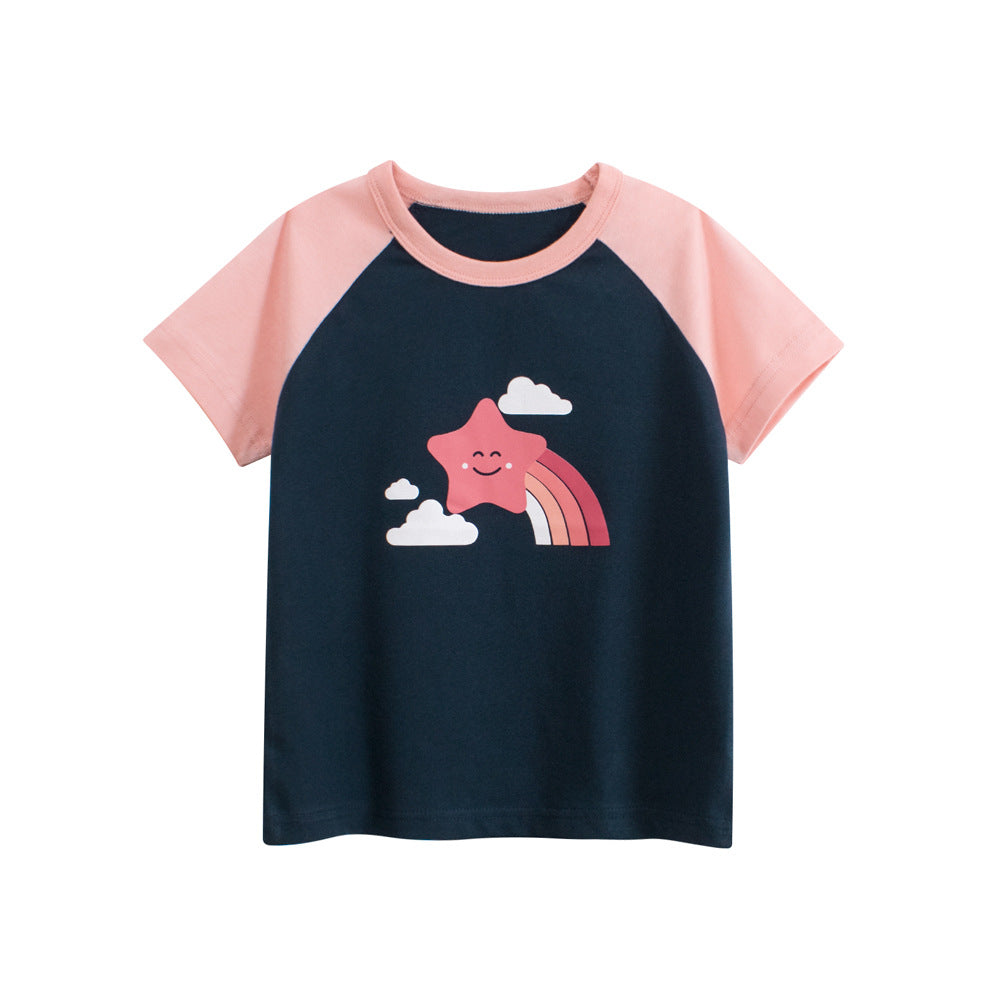 Summer Girls’ Cartoon Star Printed T-shirt in European and American Style, MyKids-USA®, Baby & Toddler Tops, MyKids-USA - Size/Age - 90 (12-24M) - Color - Pink -  -  - TR2504232036-A