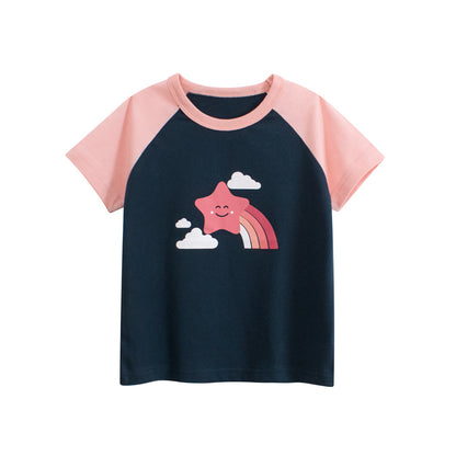 Summer Girls’ Cartoon Star Printed T-shirt in European and American Style, MyKids-USA®, Baby & Toddler Tops, MyKids-USA - Size/Age - 90 (12-24M) - Color - Pink -  -  - TR2504232036-A