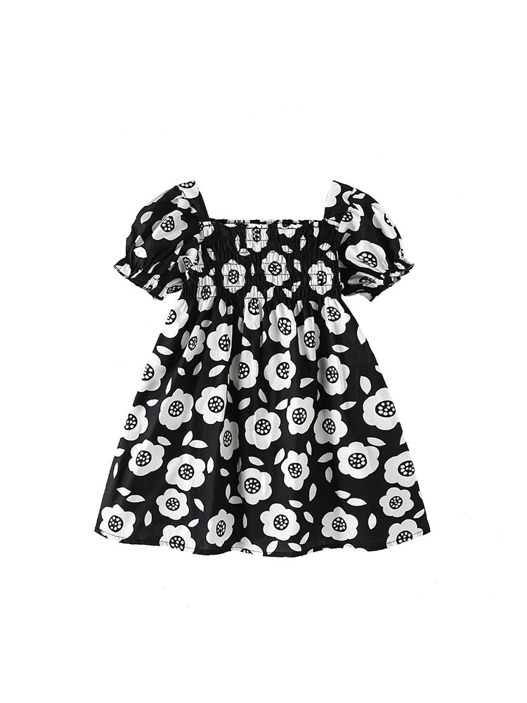Summer Baby Kids Girls Short Sleeves Flowers Pattern Square Neck Dress