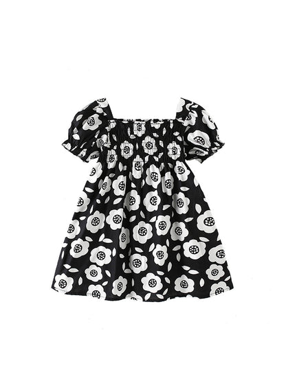 Summer Baby Kids Girls Short Sleeves Flowers Pattern Square Neck Dress