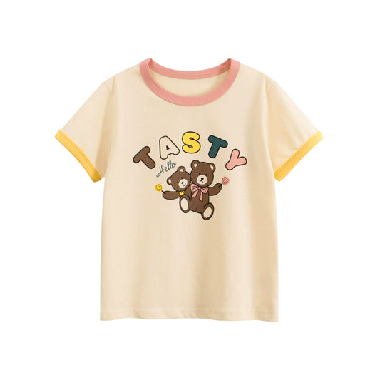 Summer Girls’ Teddy Bear and Letters Print T-shirt in European and American Style, MyKids-USA®, Baby & Toddler Tops, MyKids-USA - Size/Age - 90 (12-24M) - Color - Apricot -  -  - TR2506101756-A