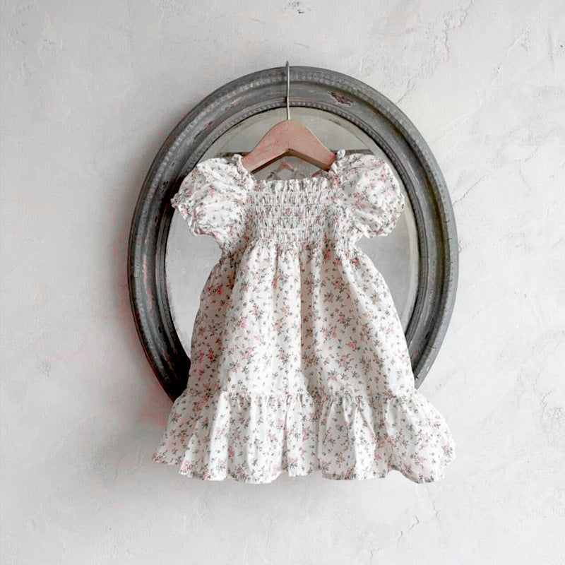 Summer Baby Kids Girls Short Sleeves Flowers Pattern Square Neck Dress