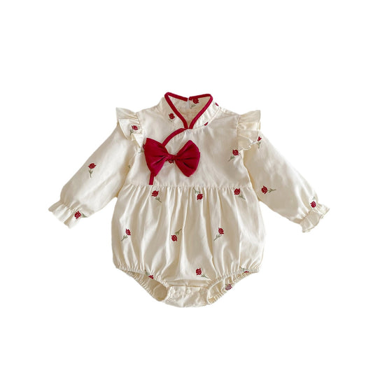 Spring Baby Girls Long Sleeves Floral Rose Print Onesie, MyKids-USA®, Baby One-Pieces, MyKids-USA - Size/Age - 66 (3-6M) - Color - Beige -  -  - TR2403051507-A