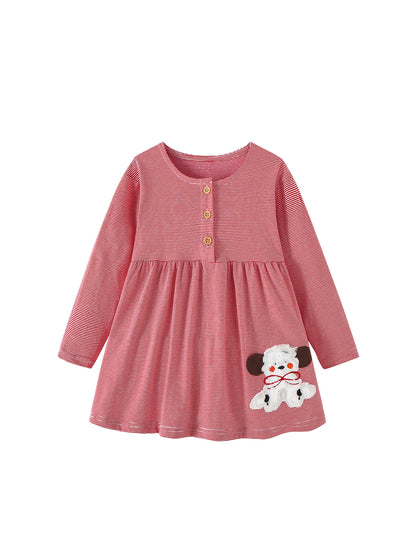 MyKids-USA® Autumn Arrival Baby Kids Girls Puppy and Striped Pattern Long Sleeves Dress