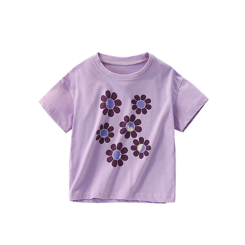 Summer Arrival Girls’ Flowers Cartoon Pattern T-shirt in European and American Style, MyKids-USA®, Baby & Toddler Tops, MyKids-USA - Size/Age - 90 (12-24M) - Color - Purple -  -  - TR2506161704-A