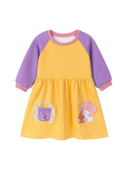 Autumn and Winter Arrival Cartoon Pattern Color Patchwork Long Sleeves Crew Neck Dress for Stylish Girls, MyKids-USA®, Baby & Toddler Dresses, MyKids-USA -  -  -  -  -  -  - 