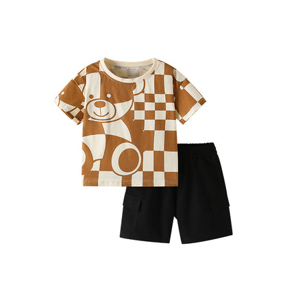 Summer Baby Kids Casual Teddy Bear and Plaid Pattern T-shirt and Shorts Clothing Set for Boys, MyKids-USA®, Baby & Toddler Outfits, MyKids-USA - Size/Age - 100 (2-3Y) - Colot - Brown -  -  - TR2505202238-A