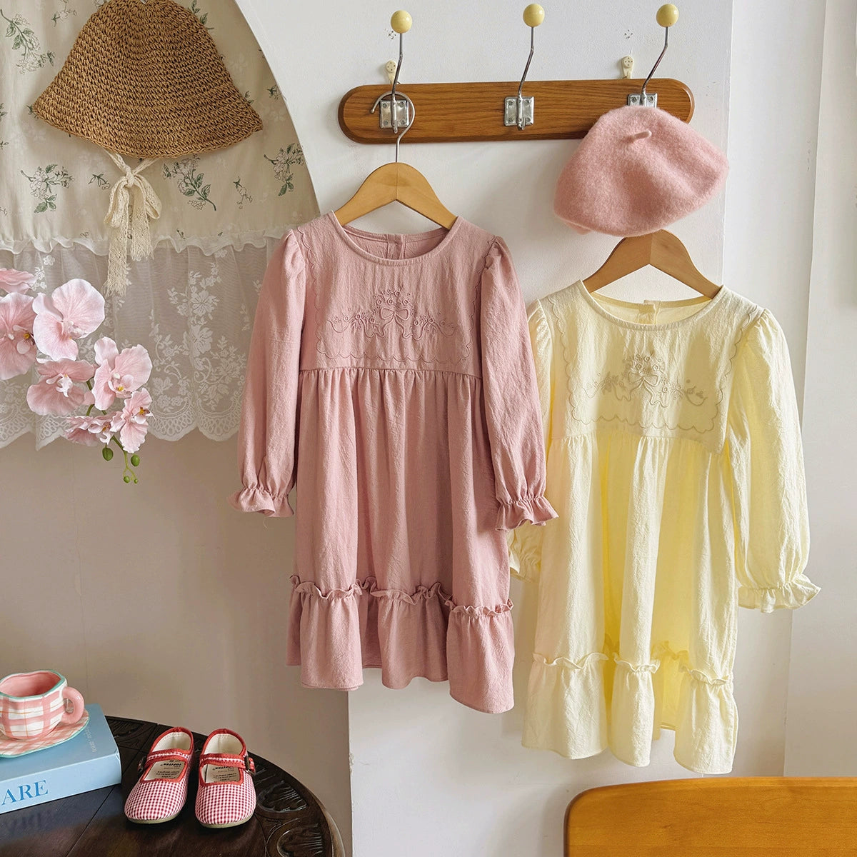 Arrival Autumn Girls Flowers and Butterfly-bow Embroidery Pattern Long Sleeves Crew Neck Dress, MyKids-USA®, Baby & Toddler Dresses, MyKids-USA -  -  -  -  -  -  - 