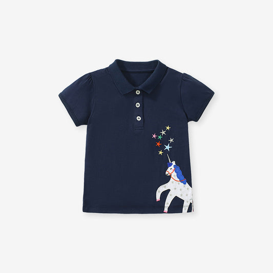 Baby Kids Girls Cartoon Unicorn Pattern Short Sleeves Polo Shirt
