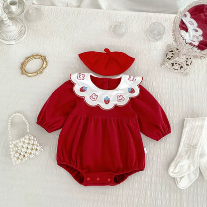 Autumn Arrival Baby Girls Color Patchwork Long Sleeves Rabbits and Fruits Pattern Onesies, MyKids-USA®, Baby One-Pieces, MyKids-USA - Size/Age - 66 (3-6M) - Color - Red -  -  - TR2509042123-A