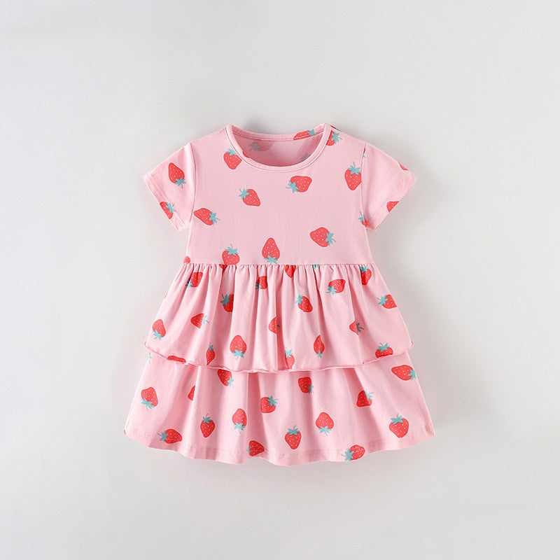 Summer Baby Kids Girls Short Sleeves Strawberry Pattern Dress