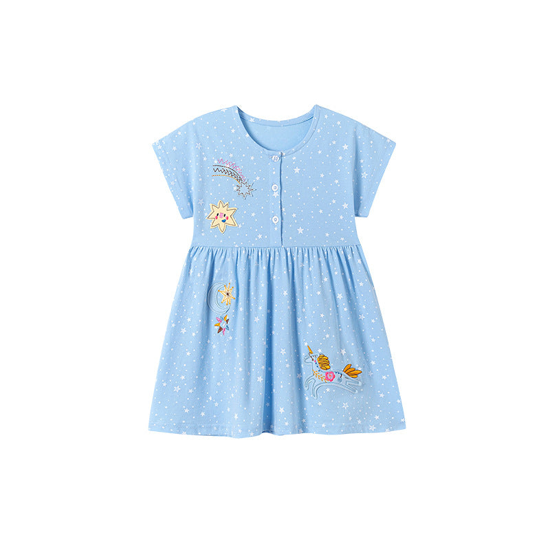 Summer Arrival Baby Girls Cartoon and Stars Pattern Short Sleeves Dress, MyKids-USA®, Baby & Toddler Dresses, MyKids-USA - Size/Age - 90 (12-24M) - Color - Blue -  -  - TR2512261340-A.