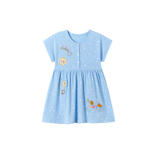 Summer Arrival Baby Girls Cartoon and Stars Pattern Short Sleeves Dress, MyKids-USA®, Baby & Toddler Dresses, MyKids-USA - Size/Age - 90 (12-24M) - Color - Blue -  -  - TR2512261340-A.