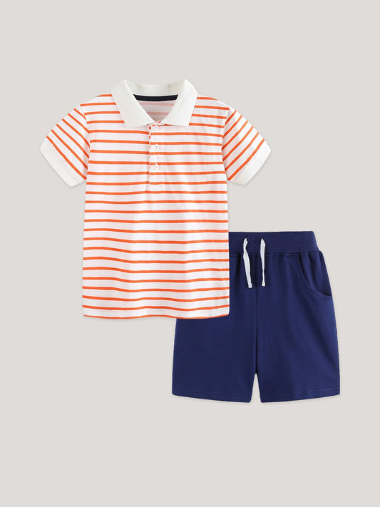 Arrival Summer Baby Kids Boys Short Sleeves Striped Pattern Polo Shirt and Plain Shorts Clothing Set