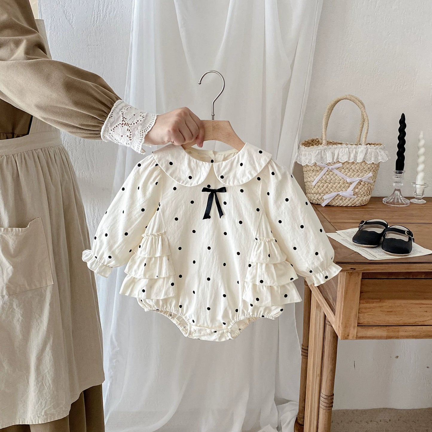 Autumn Hot Selling Baby Girls Beige Dots Pattern Long Sleeves Onesies Bodysuits with Peter Pan Collar, MyKids-USA®, Baby One-Pieces, MyKids-USA - Size/Age - 66 (3-6M) - Color - Beige -  -  - TR2507302227-A