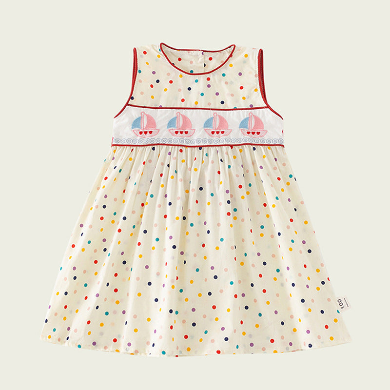 Design Summer Kids Girls Cute Colorful Dots Sailing Boats Embroidered Sleeveless Dress, MyKids-USA®, Baby & Toddler Dresses, MyKids-USA - Size/Age - 90 (12-24M) - Color - Beige -  -  - TR2403312249-A