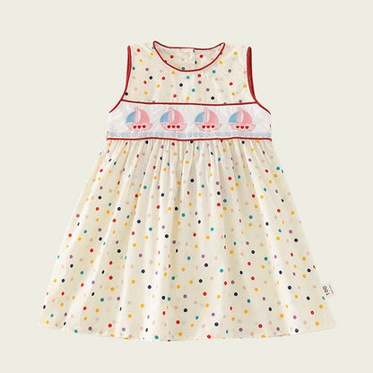 Design Summer Kids Girls Cute Colorful Dots Sailing Boats Embroidered Sleeveless Dress, MyKids-USA®, Baby & Toddler Dresses, MyKids-USA - Size/Age - 90 (12-24M) - Color - Beige -  -  - TR2403312249-A