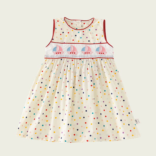 New Design Summer Kids Girls Cute Colorful Dots Sailing Boats Embroidered Sleeveless Dress