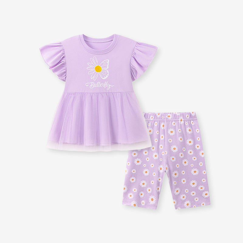 Summer Hot Selling Baby Kids Girls Fly Sleeves Flowers Pattern Dress and Pants Clothing Set