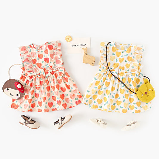 Summer Baby Girls New Arrival Heart Pattern Double Bows Sleeveless Crew Neck Dress
