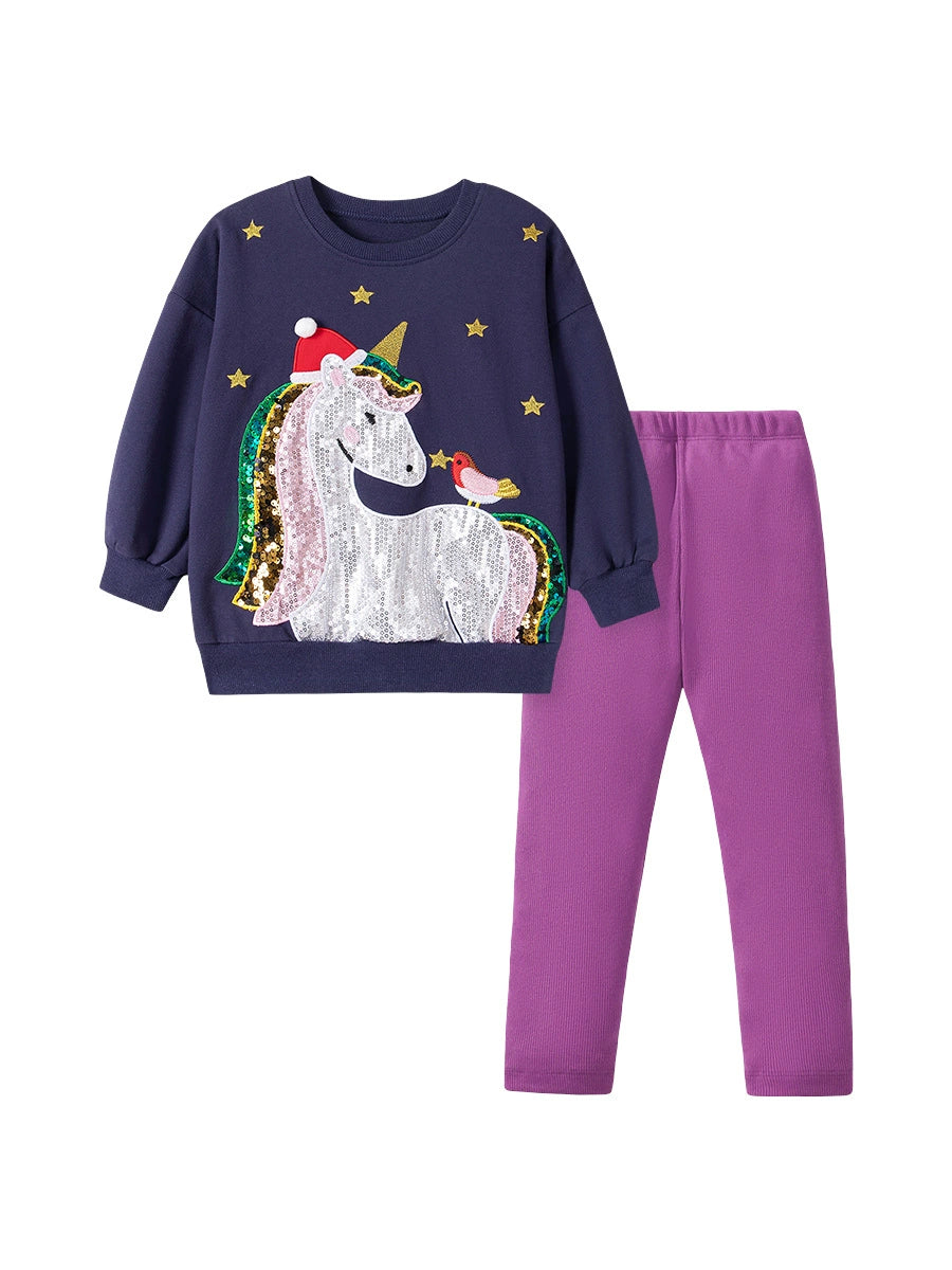 Spring and Autumn Girls Unicorn Cartoon Pattern Long Sleeves Sweatshirt and Purple Pants Clothing Set, MyKids-USA®, Baby & Toddler Outfits, MyKids-USA -  -  -  -  -  -  - 
