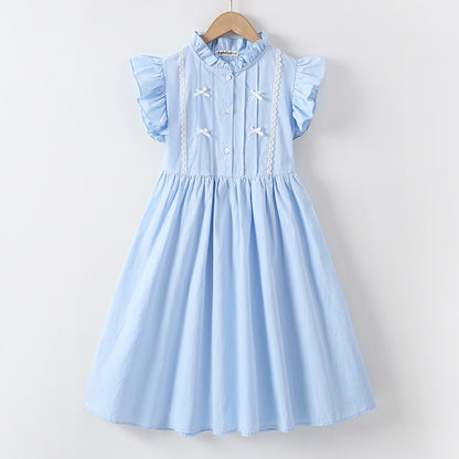 Summer Arrival Fly Sleeves Butterfly-bow and Lace Pattern Dress for Stylish Girls