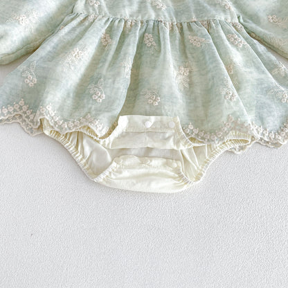 MyKids-USA® Autumn Arrival Baby Girls Long Sleeves Light Green Flowers Embroidered Bodysuit