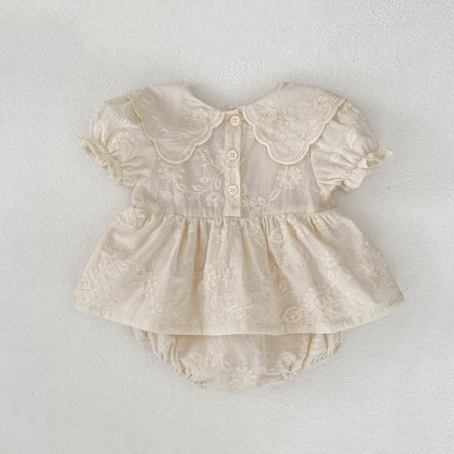 Summer Girls Solid Color Flowers Embroidery Short Sleeves Onesies and Girls’ Dress – Princess Sister Matching Set, MyKids-USA®, Baby & Toddler Dresses, MyKids-USA -  -  -  -  -  -  - 