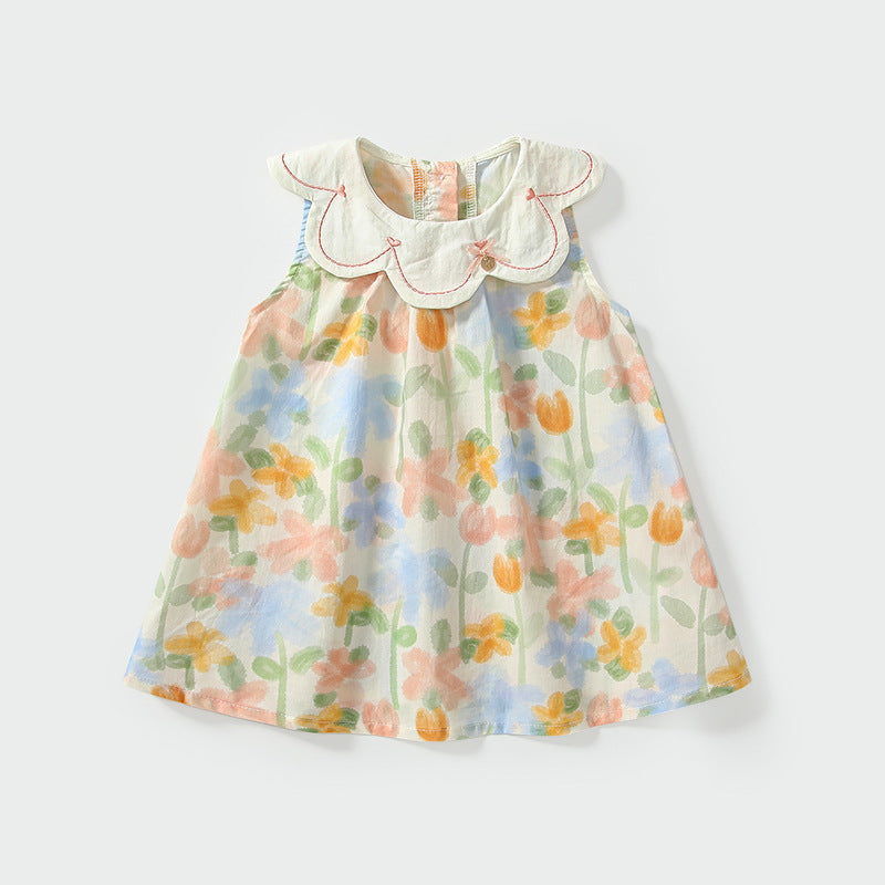 Summer Arrival Baby Girls Cute Floral Printed Pattern Sleeveless Dress with Collar, MyKids-USA®, Baby & Toddler Dresses, MyKids-USA - Size/Age - 80 (9-12M) - Color - Yellow -  -  - TR2504302026-A