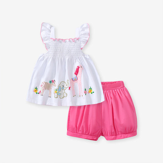 Girls Animals Cartoon Pattern Dress And Pink Shorts Set, MyKids-USA®, Baby & Toddler Outfits, MyKids-USA - Size/Age - 90 (12-24M) - Color - White -  -  - TR2401121639-A