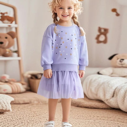 Autumn Arrival Geometric and Flowers Pattern Long Sleeves Crew Neck Dress for Stylish Girls, MyKids-USA®, Baby & Toddler Dresses, MyKids-USA - Size/Age - 90 (12-24M) - Color - Purple -  -  - TR2507112006-A