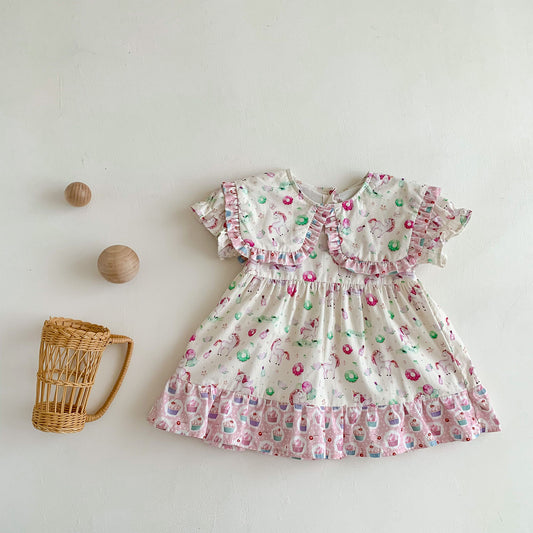 Best Selling Summer Baby Kids Girls Unicorn Floral Pattern Color Patchwork Short Sleeves Dress