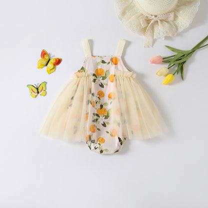 Baby Girls Print Pattern Mesh Patched Design Princess Sling Dress