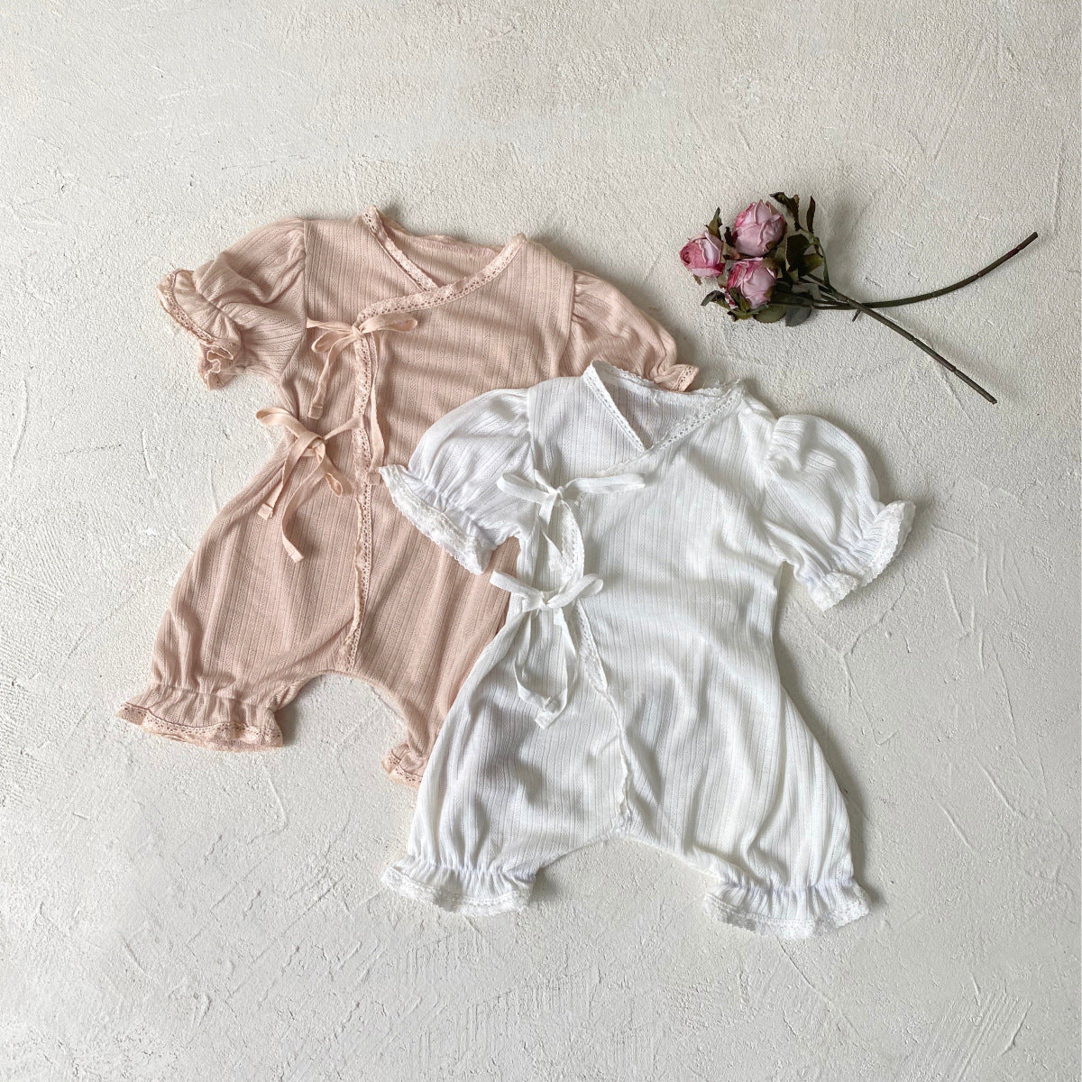 Summer Arrival Baby Girls Short Sleeves Plain Lace Trim Rompers Bodysuits