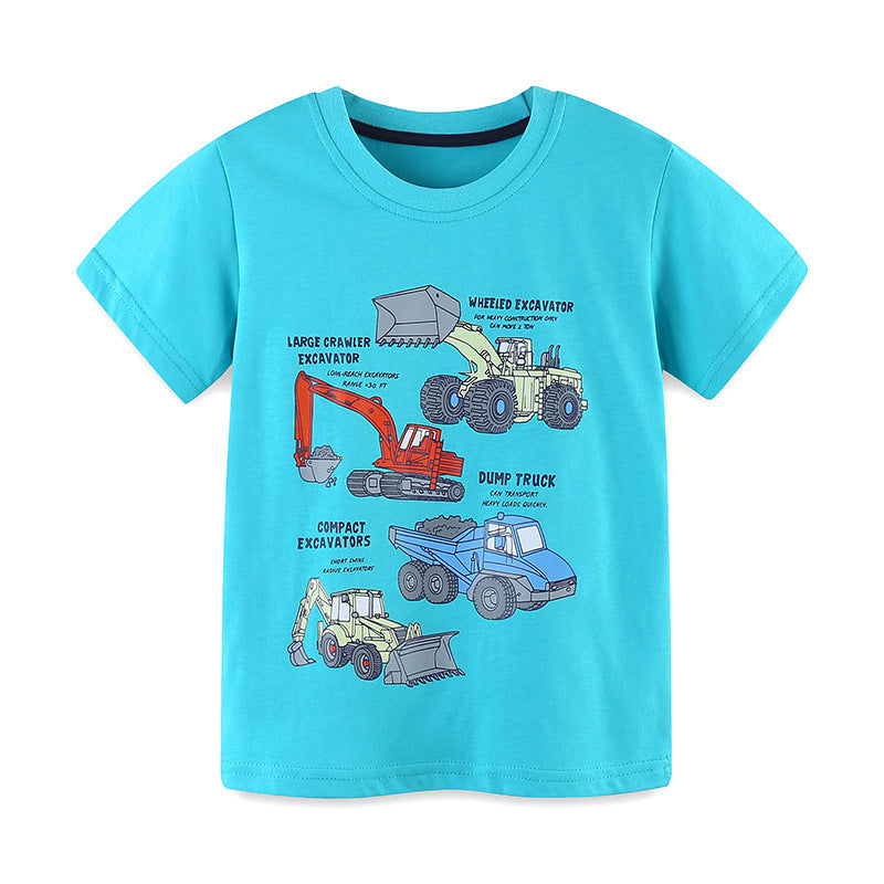 Summer Boys’ Excavators and Truck Cartoon Pattern T-shirt in European and American Style, MyKids-USA®, Baby & Toddler Tops, MyKids-USA - Size/Age - 90 (12-24M) - Color - Blue -  -  - TR2505152339-A