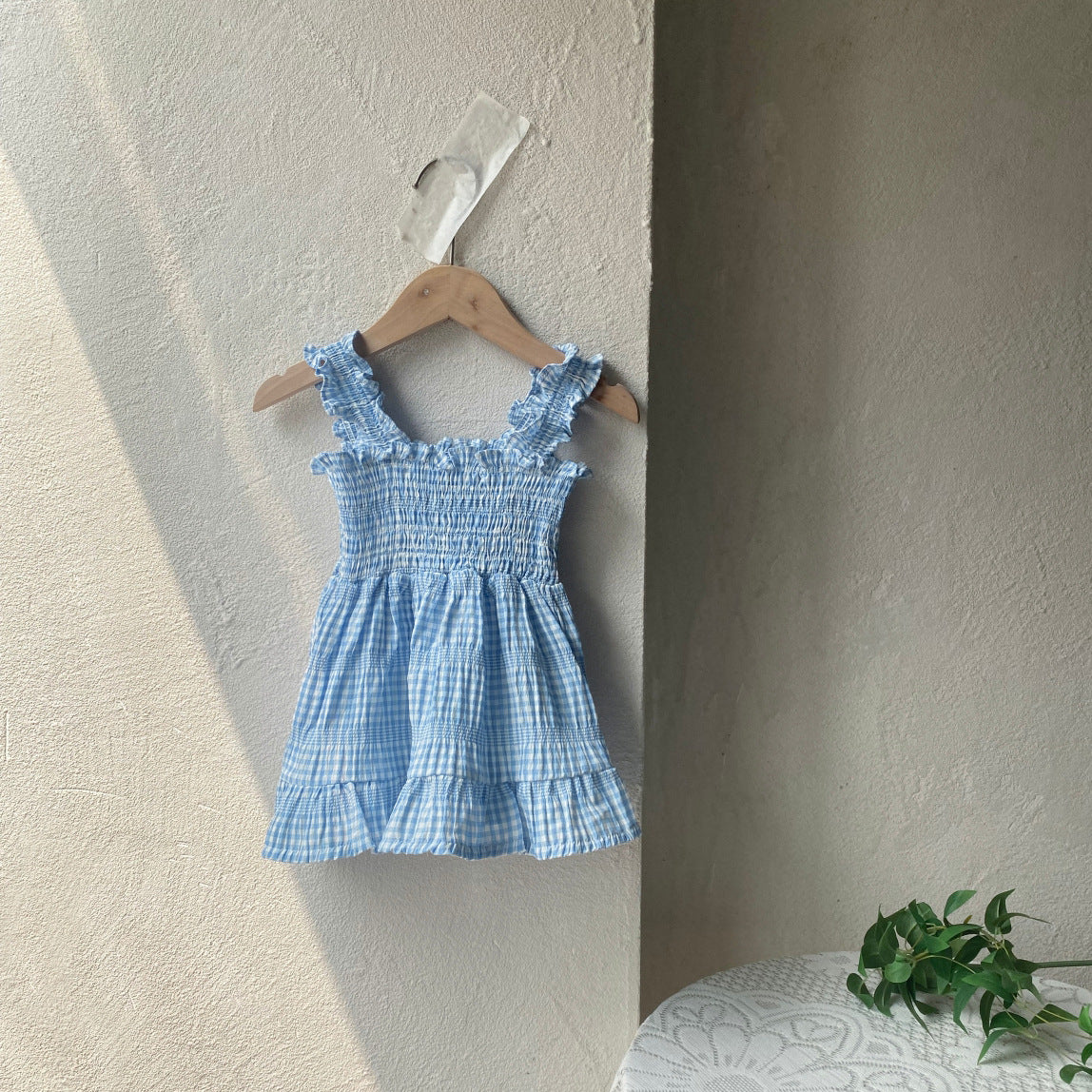Summer Arrival Baby Girls Sleeveless Plaid Pattern Strap Dress