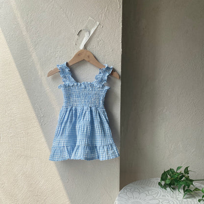 Summer Arrival Baby Girls Sleeveless Plaid Pattern Strap Dress