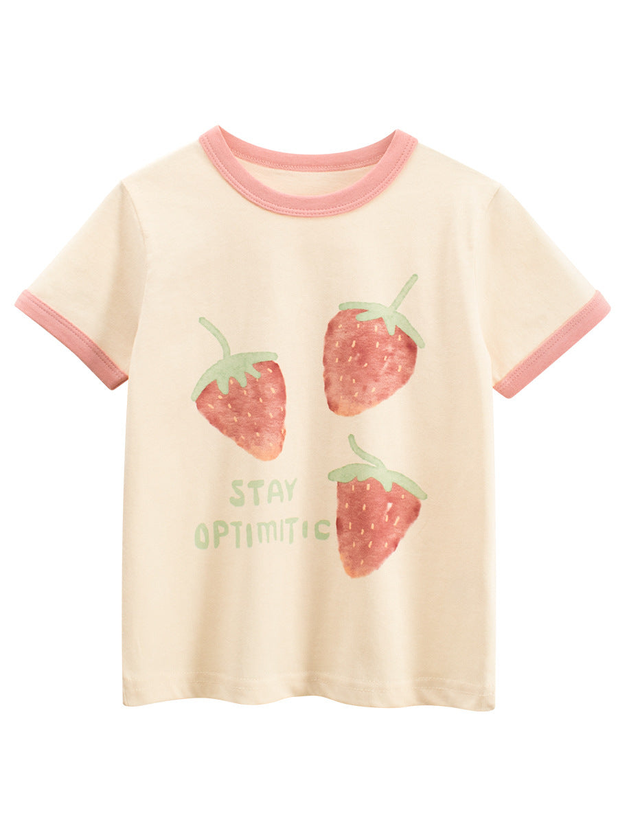 Summer Girls’ Fruits Cartoon and Letters Pattern T-shirt in European and American Style